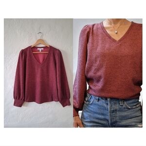 Puff Sleeve Raspberry Pink V-Neck Sweater